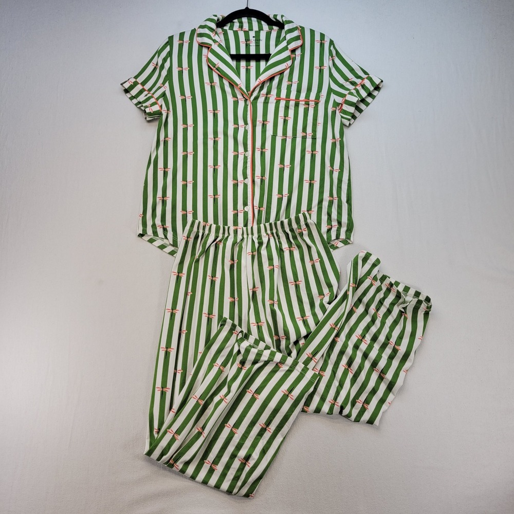 Kate Spade Pajama Set Womens S Green Striped Dragonfly Short Sleeve Pants 2pc
